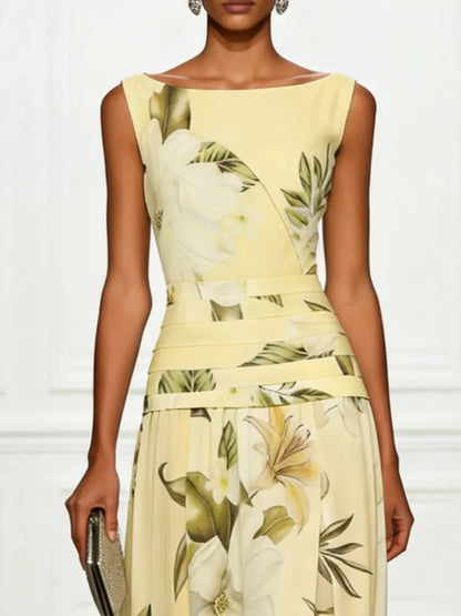 Women's Floral Pleated Maxi Wedding Guest Dress with Boat Neck