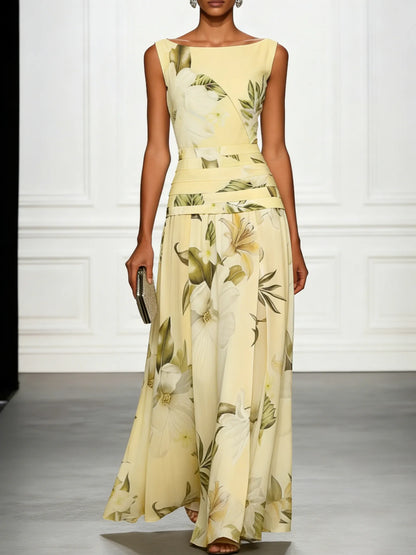 Women's Floral Pleated Maxi Wedding Guest Dress with Boat Neck