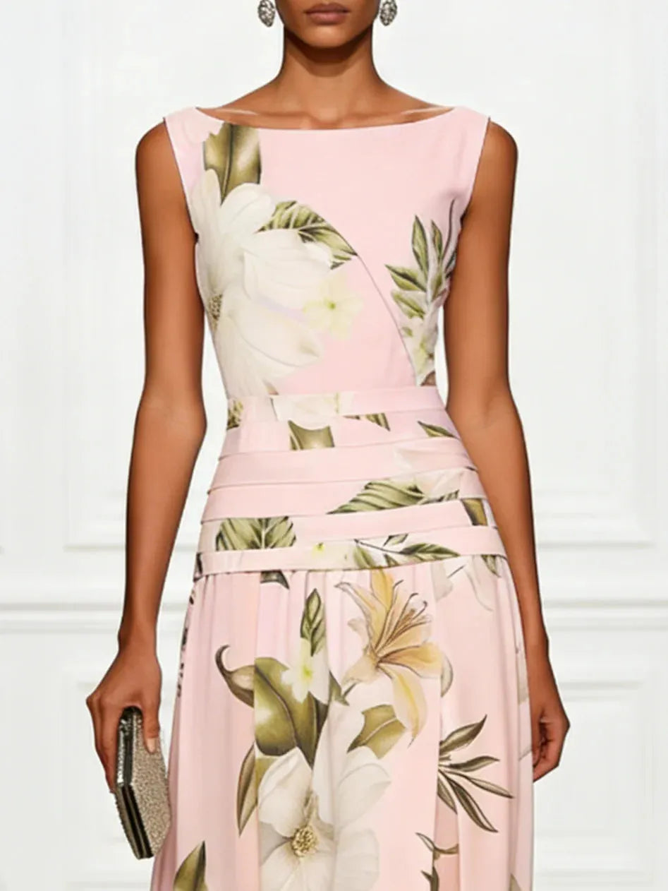 Women's Floral Pleated Maxi Wedding Guest Dress with Boat Neck