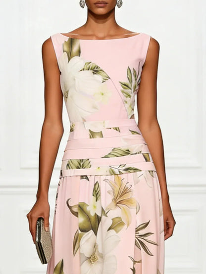 Women's Floral Pleated Maxi Wedding Guest Dress with Boat Neck