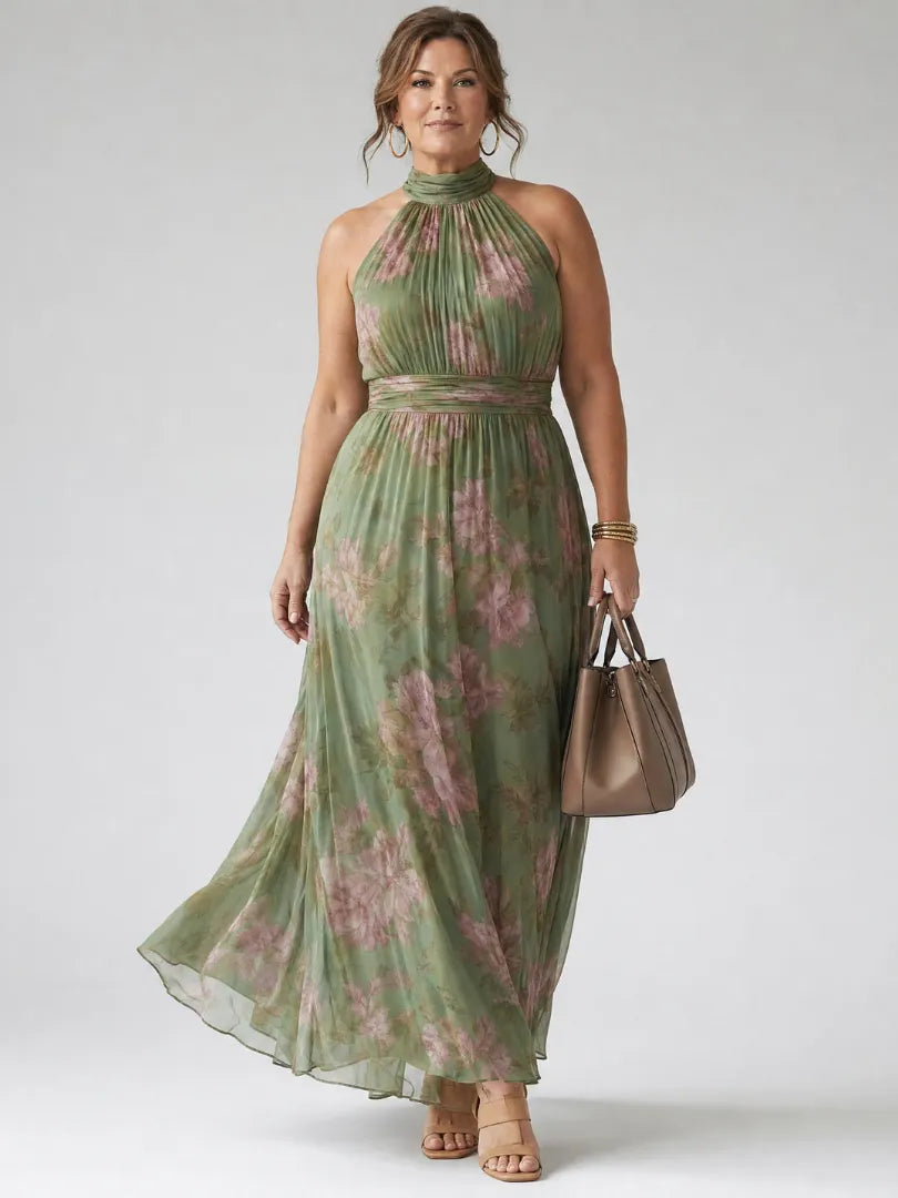 Women’s Floral Pleated Maxi Wedding Guest Dress with Gathered Neck