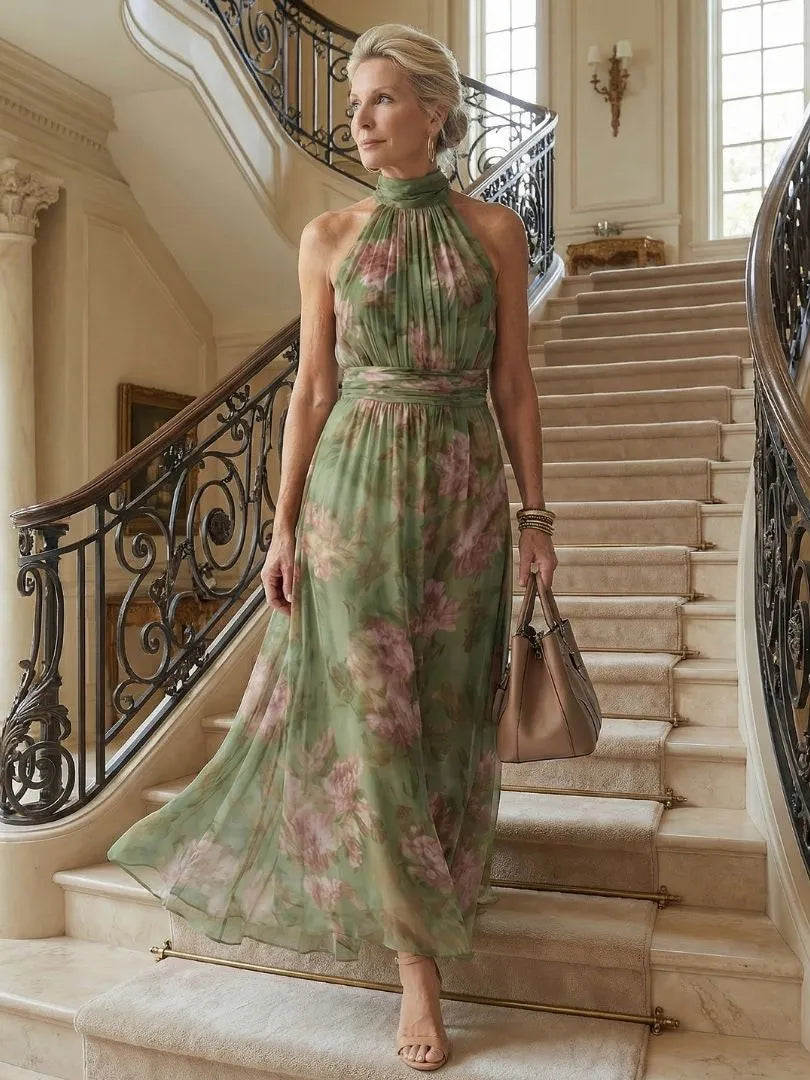 Women’s Floral Pleated Maxi Wedding Guest Dress with Gathered Neck