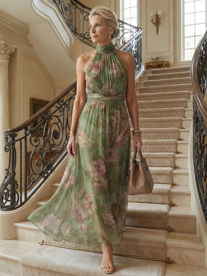 Women’s Floral Pleated Maxi Wedding Guest Dress with Gathered Neck