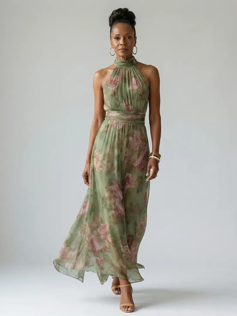Women’s Floral Pleated Maxi Wedding Guest Dress with Gathered Neck