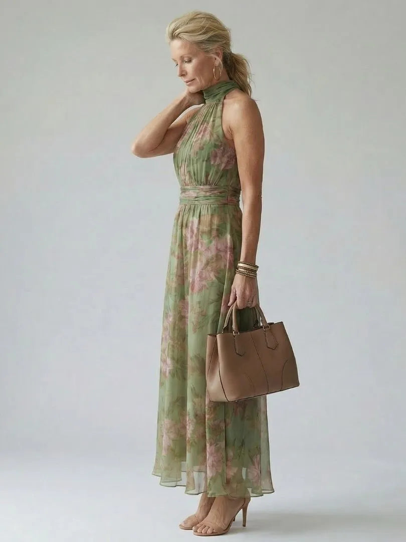 Women’s Floral Pleated Maxi Wedding Guest Dress with Gathered Neck
