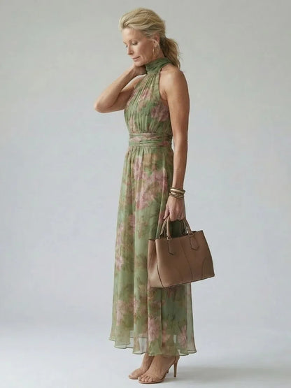 Women’s Floral Pleated Maxi Wedding Guest Dress with Gathered Neck