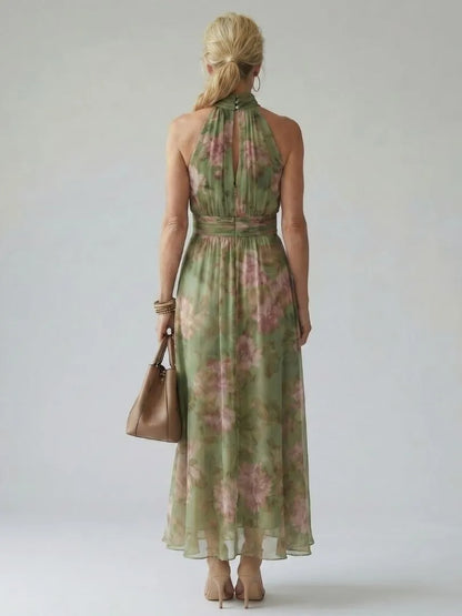 Women’s Floral Pleated Maxi Wedding Guest Dress with Gathered Neck