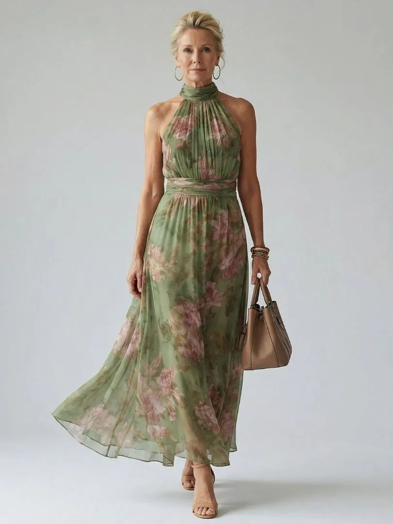 Women’s Floral Pleated Maxi Wedding Guest Dress with Gathered Neck