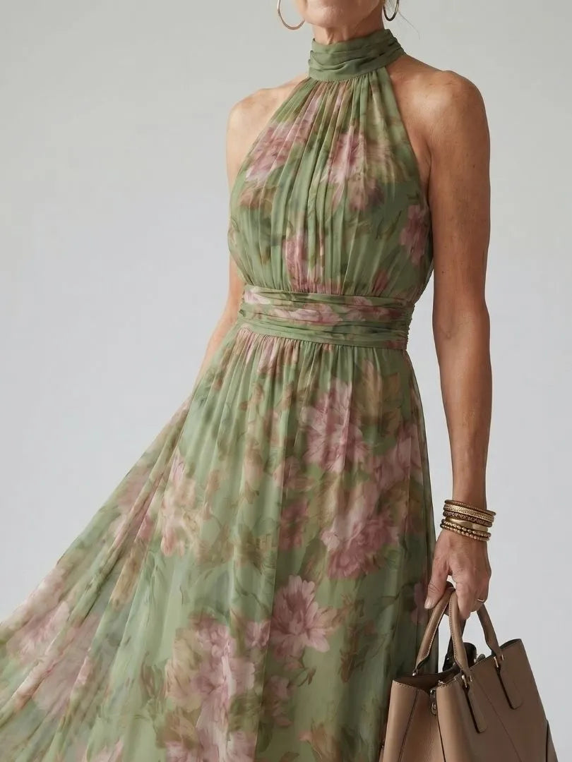 Women’s Floral Pleated Maxi Wedding Guest Dress with Gathered Neck