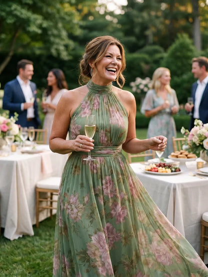 Women’s Floral Pleated Maxi Wedding Guest Dress with Gathered Neck