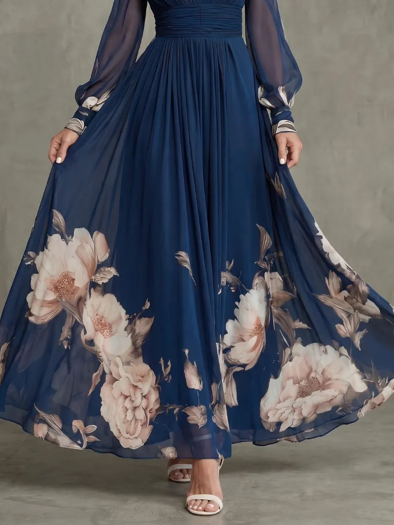 Women’s Floral Pleated Maxi Wedding Guest Dress with Puff Sleeves