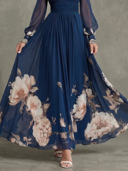 Women’s Floral Pleated Maxi Wedding Guest Dress with Puff Sleeves