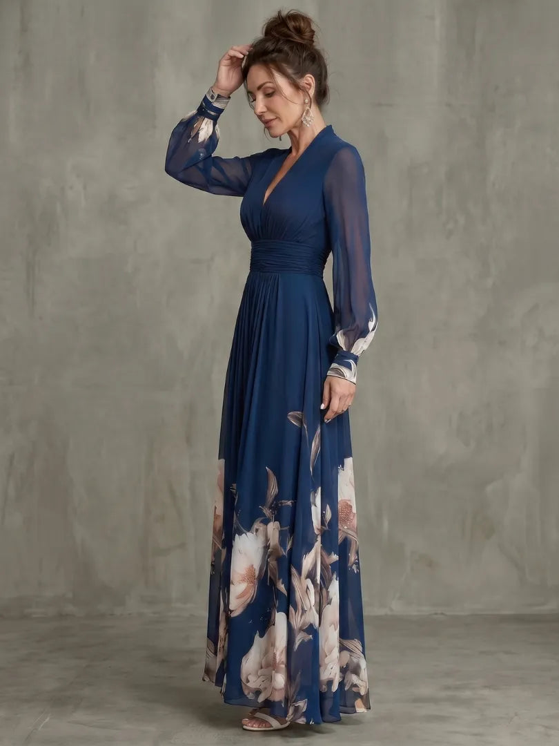 Women’s Floral Pleated Maxi Wedding Guest Dress with Puff Sleeves