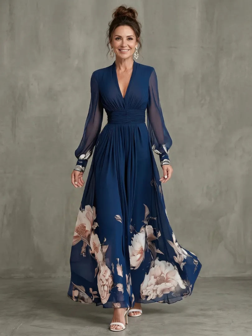 Women’s Floral Pleated Maxi Wedding Guest Dress with Puff Sleeves
