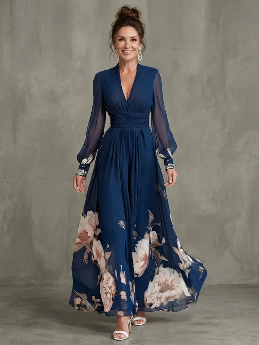 Women’s Floral Pleated Maxi Wedding Guest Dress with Puff Sleeves