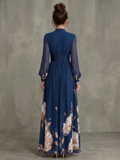 Women’s Floral Pleated Maxi Wedding Guest Dress with Puff Sleeves