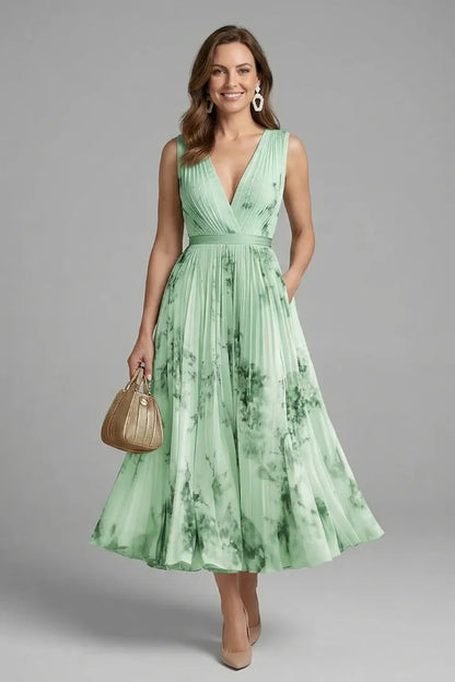 Women's Floral Pleated Midi Wedding Guest Dress with V-Neck