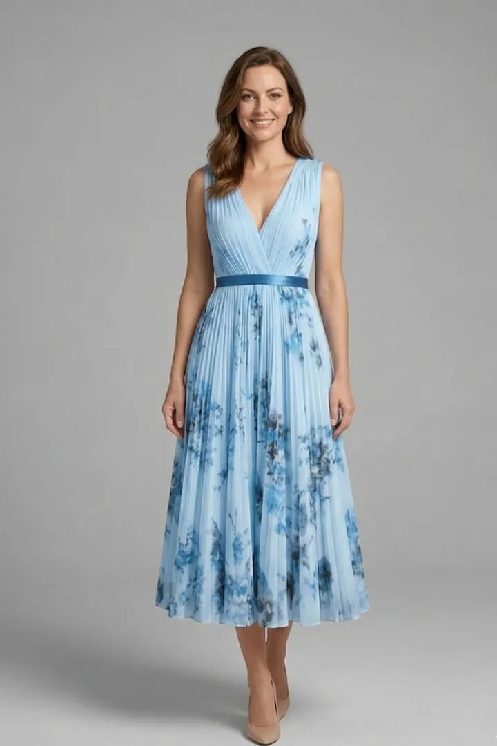 Women's Floral Pleated Midi Wedding Guest Dress with V-Neck