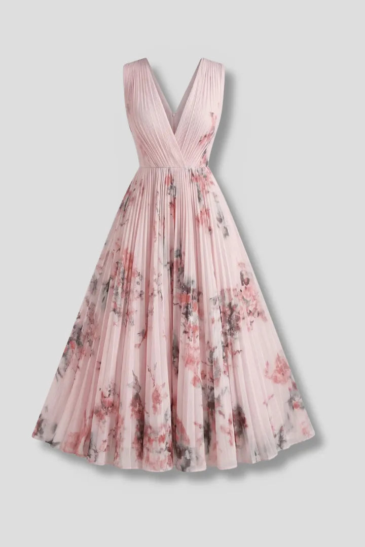 Women's Floral Pleated Midi Wedding Guest Dress with V-Neck