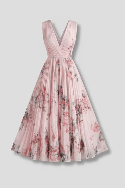 Women's Floral Pleated Midi Wedding Guest Dress with V-Neck