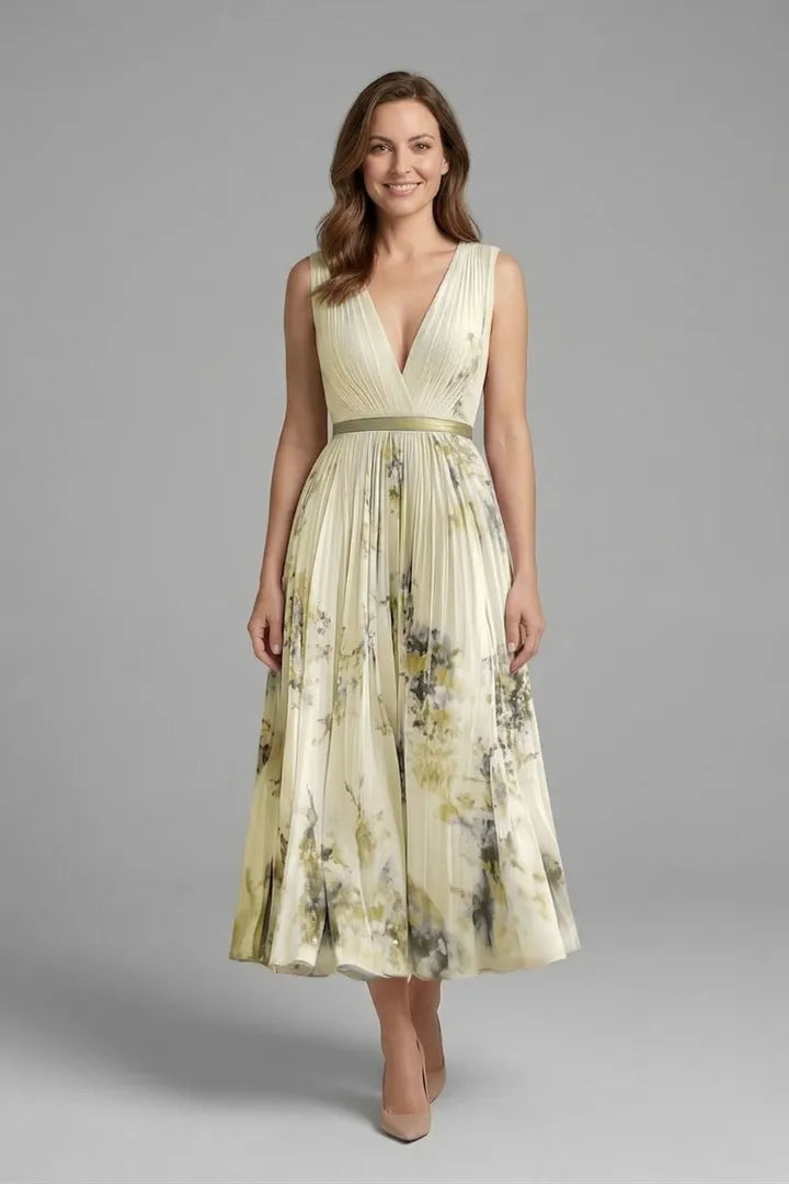 Women's Floral Pleated Midi Wedding Guest Dress with V-Neck