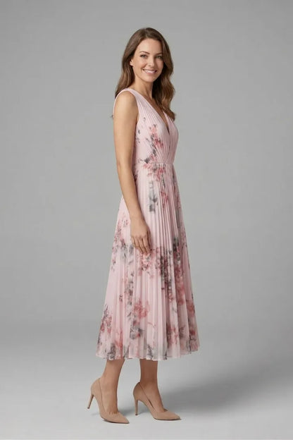 Women's Floral Pleated Midi Wedding Guest Dress with V-Neck