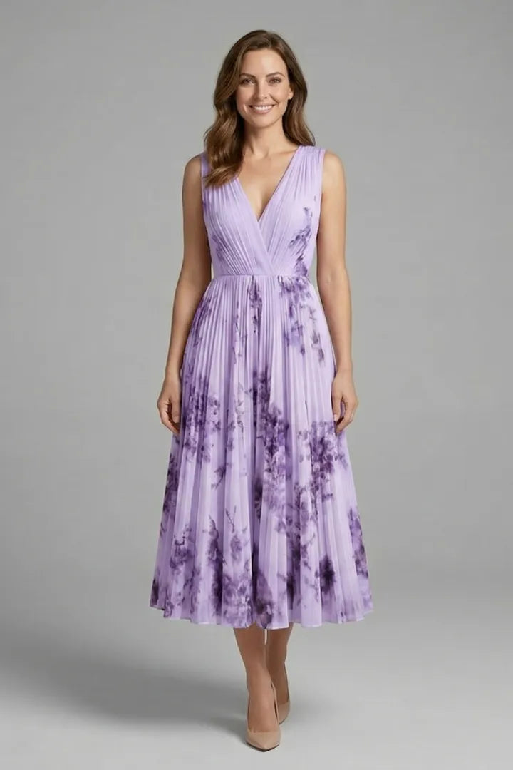 Women's Floral Pleated Midi Wedding Guest Dress with V-Neck
