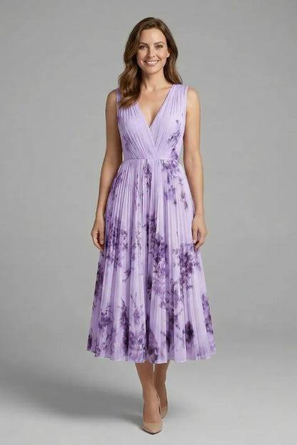Women's Floral Pleated Midi Wedding Guest Dress with V-Neck