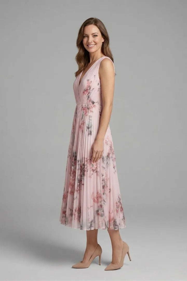 Women's Floral Pleated Midi Wedding Guest Dress with V-Neck