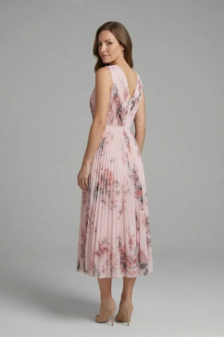 Women's Floral Pleated Midi Wedding Guest Dress with V-Neck