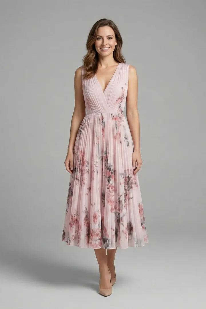 Women's Floral Pleated Midi Wedding Guest Dress with V-Neck