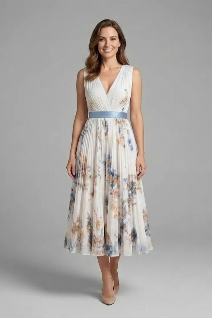 Women's Floral Pleated Midi Wedding Guest Dress with V-Neck