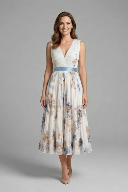 Women's Floral Pleated Midi Wedding Guest Dress with V-Neck