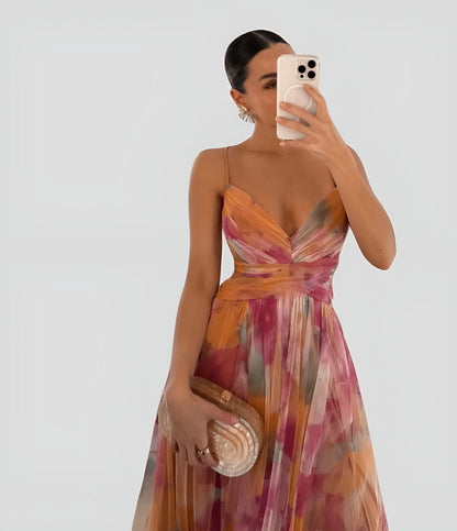 Women's Floral Ruffle Maxi Wedding Guest Dress with V-Neck