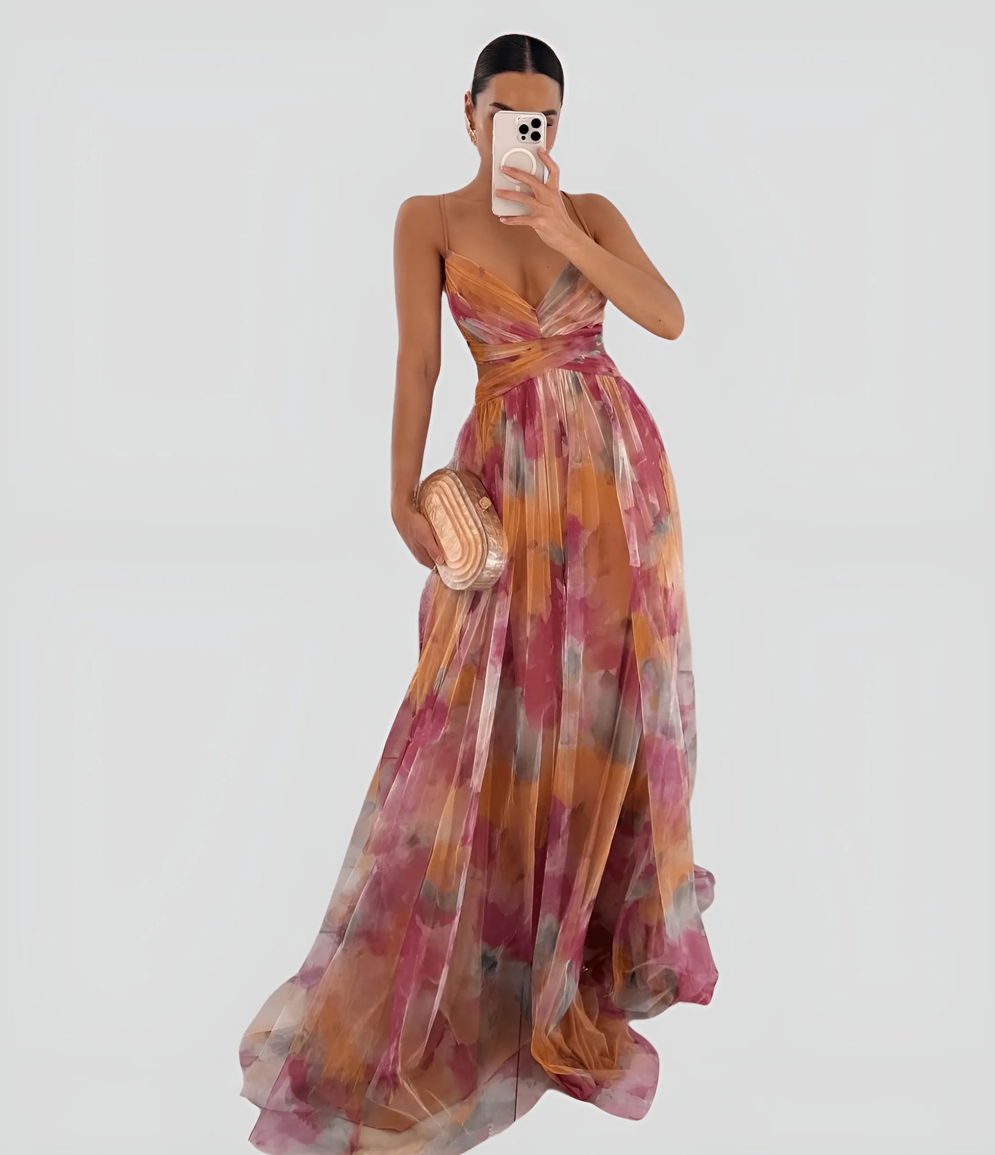 Women's Floral Ruffle Maxi Wedding Guest Dress with V-Neck