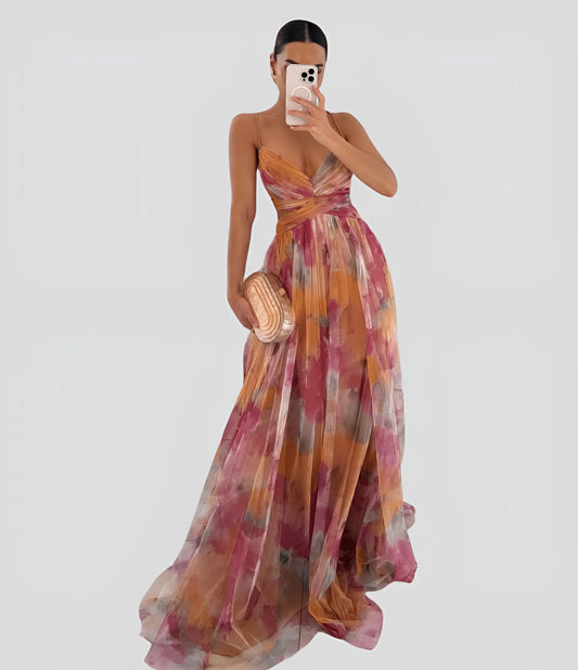 Women's Floral Ruffle Maxi Wedding Guest Dress with V-Neck