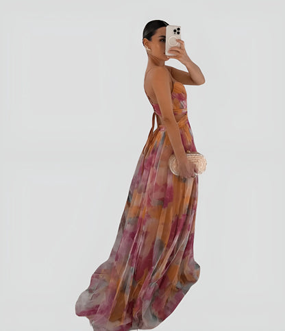 Women's Floral Ruffle Maxi Wedding Guest Dress with V-Neck