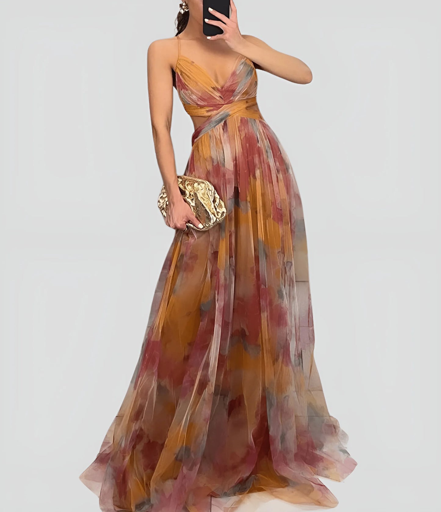 Women's Floral Ruffle Maxi Wedding Guest Dress with V-Neck
