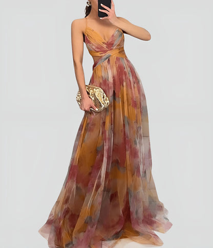 Women's Floral Ruffle Maxi Wedding Guest Dress with V-Neck