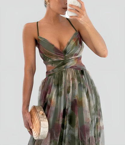 Women's Floral Ruffle Maxi Wedding Guest Dress with V-Neck