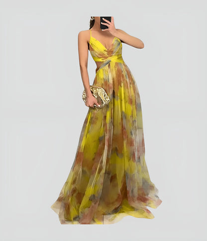 Women's Floral Ruffle Maxi Wedding Guest Dress with V-Neck