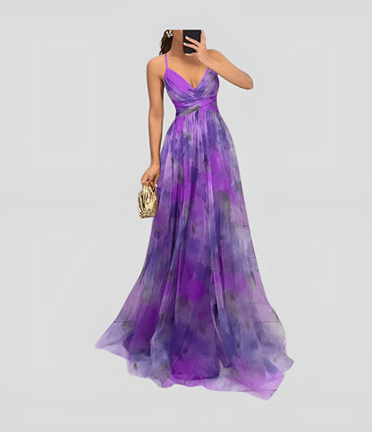 Women's Floral Ruffle Maxi Wedding Guest Dress with V-Neck