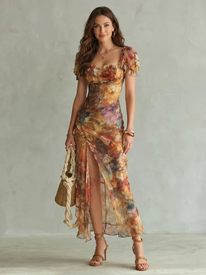 Women’s Floral Ruffle Midi Dress with Puff Sleeve