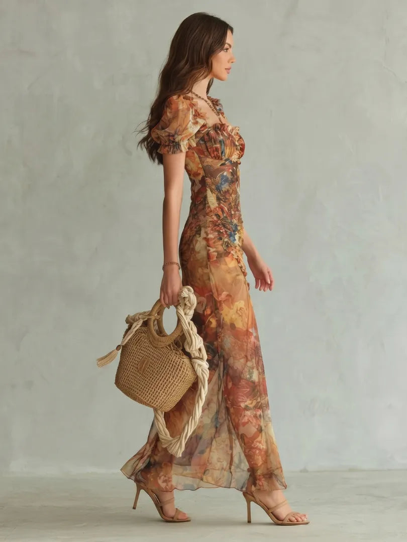 Women’s Floral Ruffle Midi Dress with Puff Sleeve