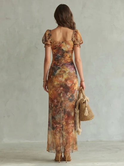 Women’s Floral Ruffle Midi Dress with Puff Sleeve