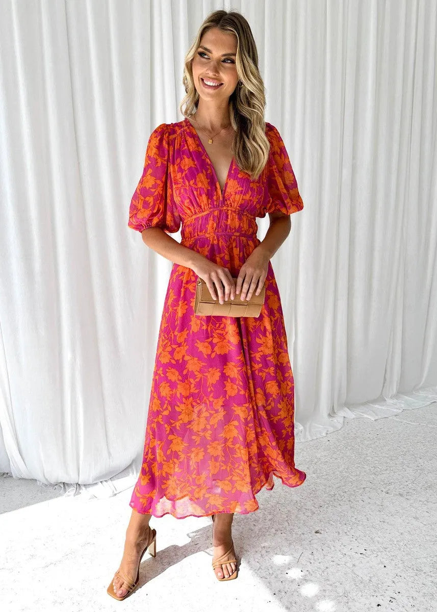 Women's Floral V-Neck Maxi Wedding Guest Dress with Puff Sleeves