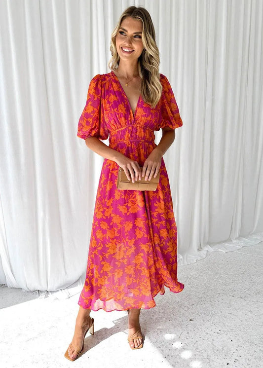 Women's Floral V-Neck Maxi Wedding Guest Dress with Puff Sleeves