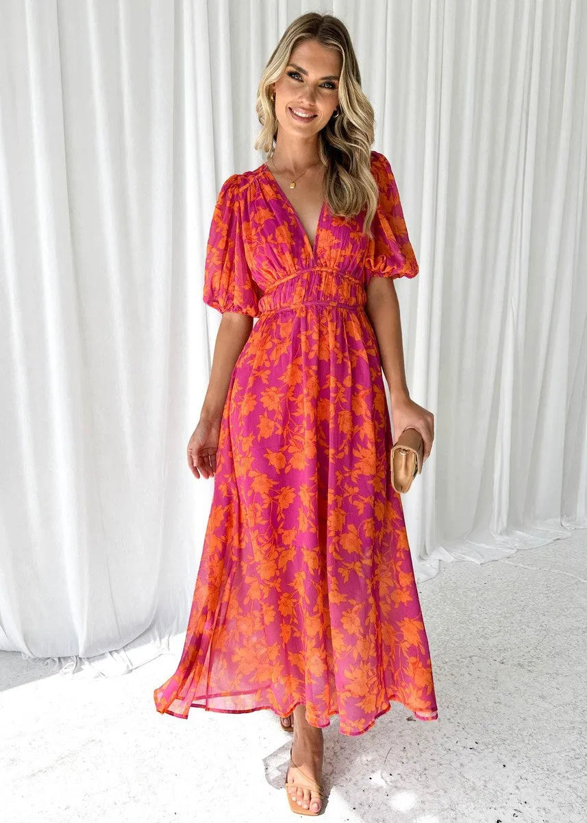 Women's Floral V-Neck Maxi Wedding Guest Dress with Puff Sleeves