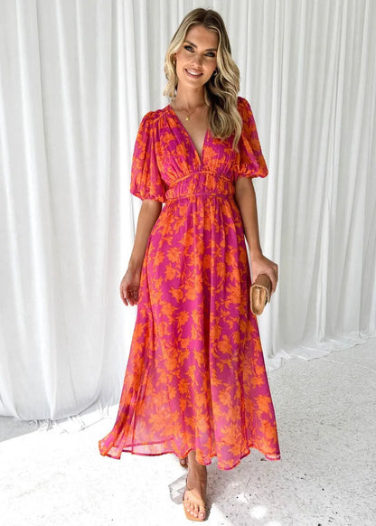 Women's Floral V-Neck Maxi Wedding Guest Dress with Puff Sleeves