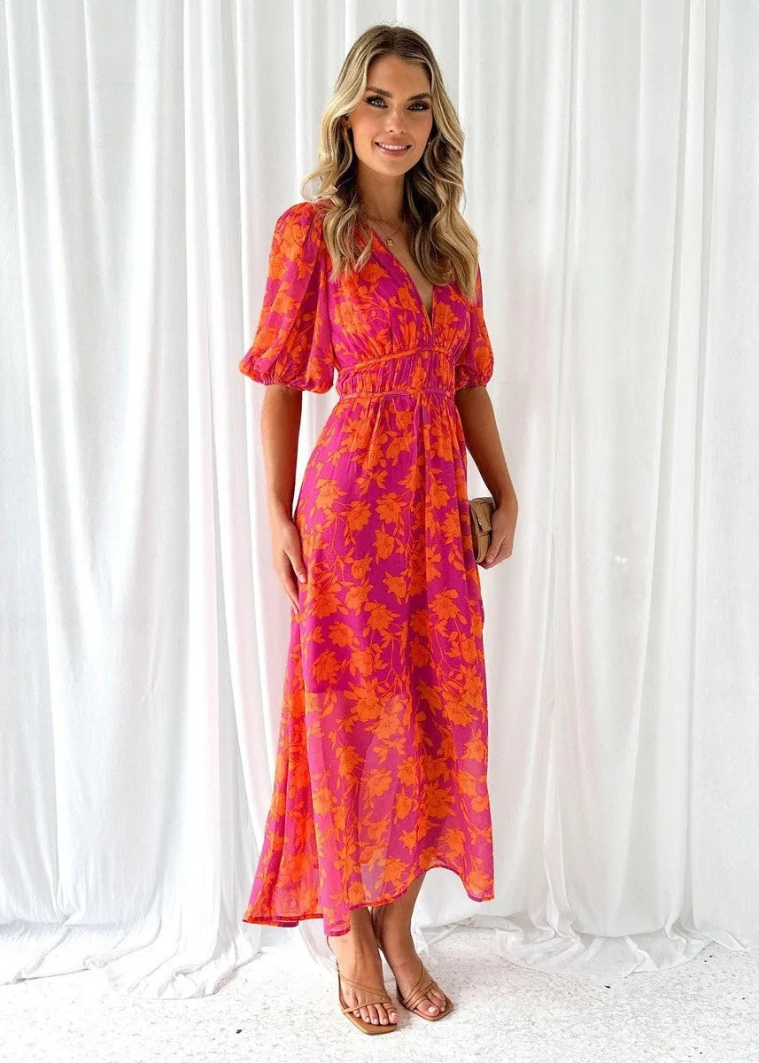 Women's Floral V-Neck Maxi Wedding Guest Dress with Puff Sleeves